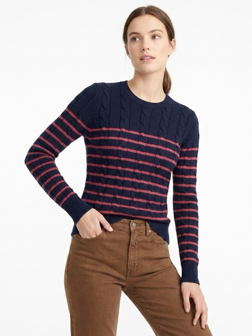 NWT Brooks Brothers Women XS Navy Red Striped Cable Knit Cotton Sweater